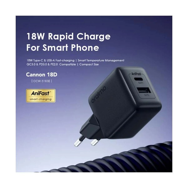 Oraimo Cannon 18D USB & USB-C 18W Black Charger
