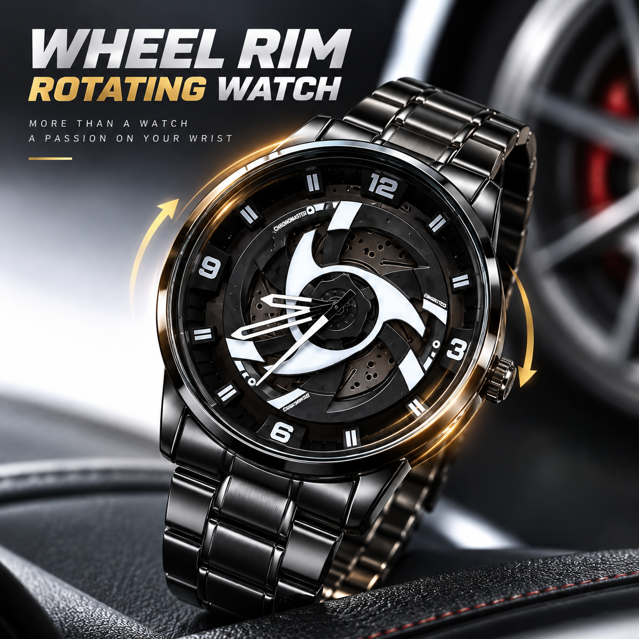 360° Rotating Car Wheel Rim Quartz Watch – Matte Black Metal Sports Wristwatch, 3D Alloy Rim & Brake Disc Dial, Stainless Steel Strap & Scratch-Resistant Glass for Men