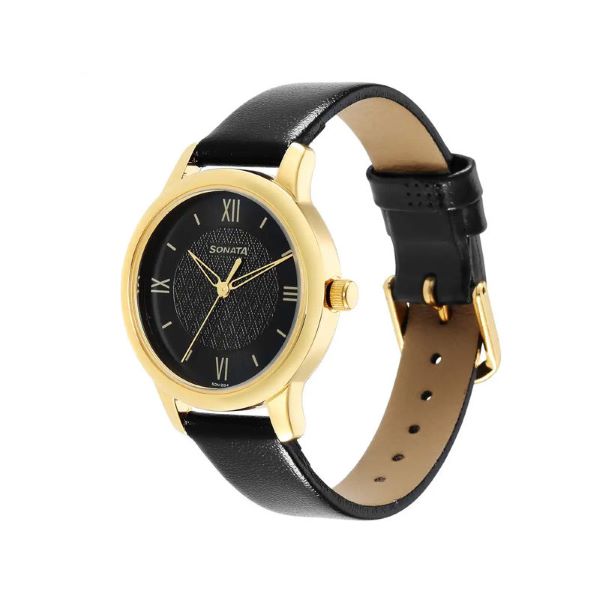 Sonata 8178YL01 Classic Gold Black Dial Metal Strap Women’s Watch