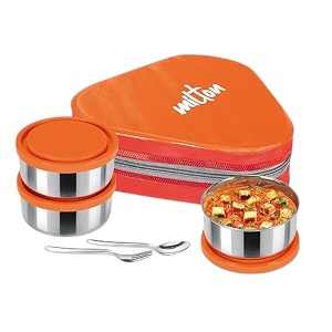 MILTON Triyum Stainless Steel Tiffin, 3 Container, 280 ml Each, with Jacket, Spoon & Fork, Orange | Lunch Box | Food Grade | Odour Proof | Light Weight | Hygienic