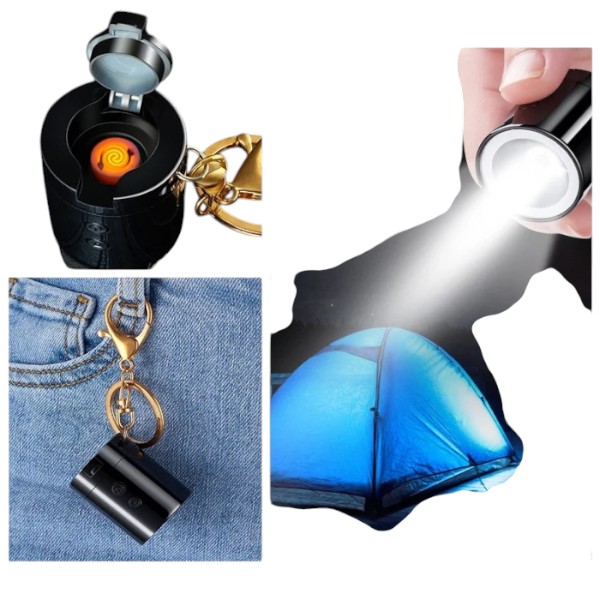 3 in 1 Portable Mini Rechargeable flashlight with lighter key Ring