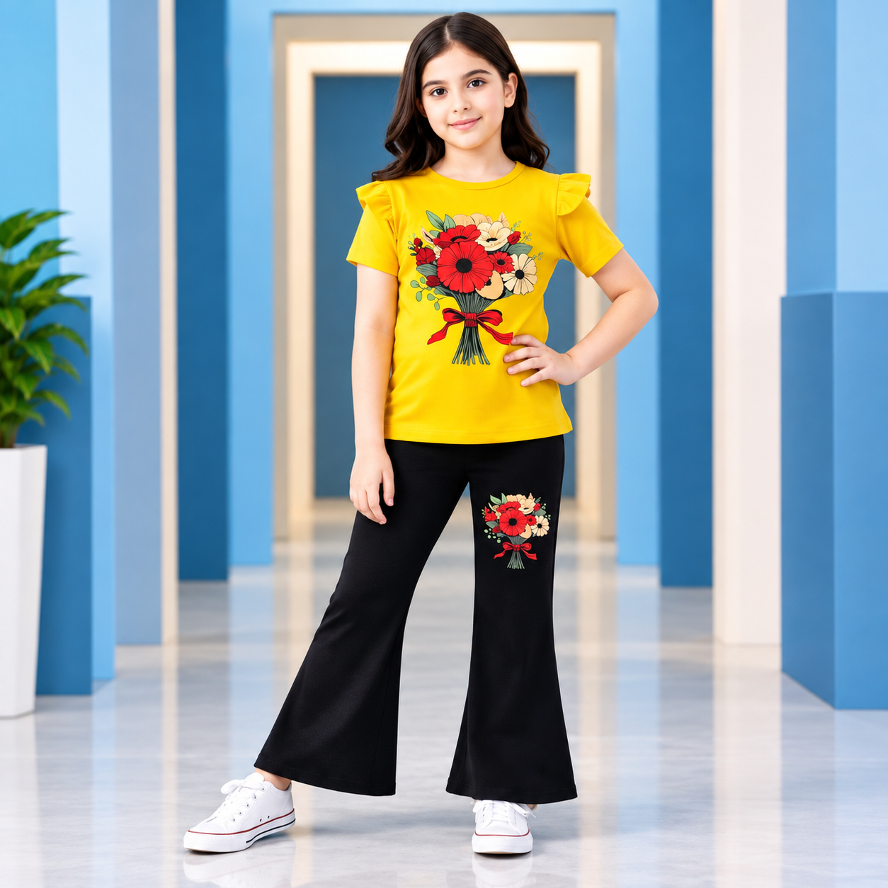 Floral Top with Red Ribbon & Black Bell-Bottom Two-Piece Set (Yellow Flutter Sleeve Top & Black Bell-Bottom Pants Set)