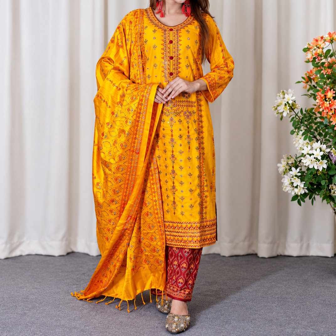 Premium Cotton Block and Digital Print Three-Piece Set