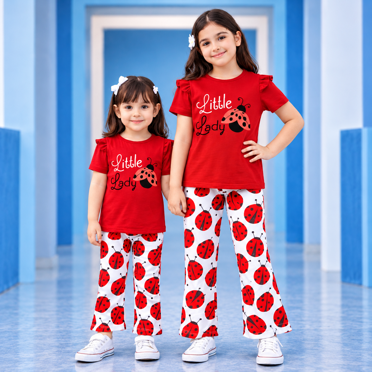 Cute Little Ladybug-Printed Red Two-Piece Set for Girls (Flutter Sleeve Top & Printed Pants Set)