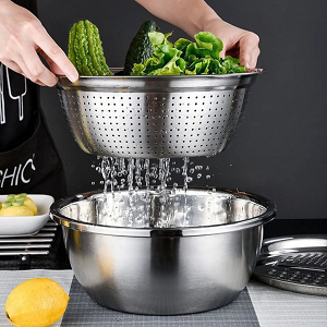 3-in-1 Stainless Steel Vegetable Cutter with Drain Basket Easy Food Prep for Southeast Asian Buyers Grater Basin for Fruits Vegetables