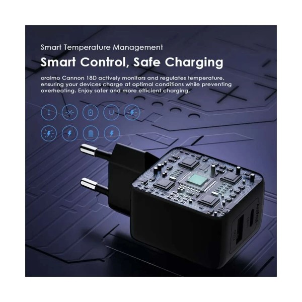 Oraimo Cannon 18D USB & USB-C 18W Black Charger