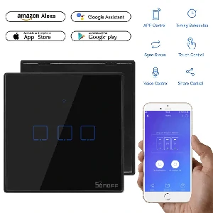 SONOFF WiFi Smart Wall Touch Switch T3 UK 3 Gang- Compatible With Alexa, Google Assistant – Black Color