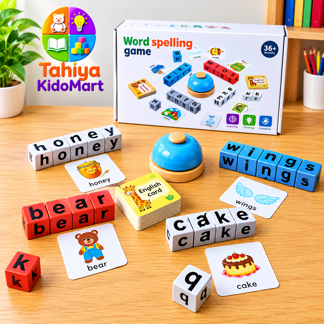 Interactive Word Spelling Game with Desk Bell and Letter Blocks (Word Spelling Game Educational Toy Set)