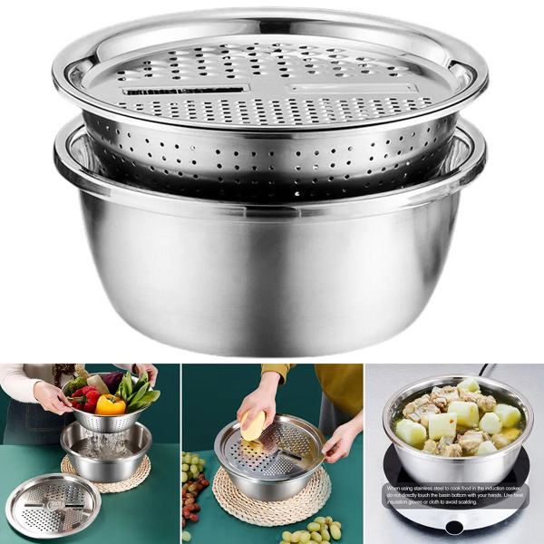 3-in-1 Stainless Steel Vegetable Cutter with Drain Basket Easy Food Prep for Southeast Asian Buyers Grater Basin for Fruits Vegetables