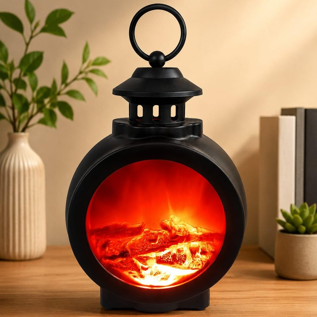 LED Flame Effect Lantern Lamp | Realistic Fireplace Illusion | Battery & USB Powered | Home, Bedroom, Office Décor | Warm Ambient Night Light