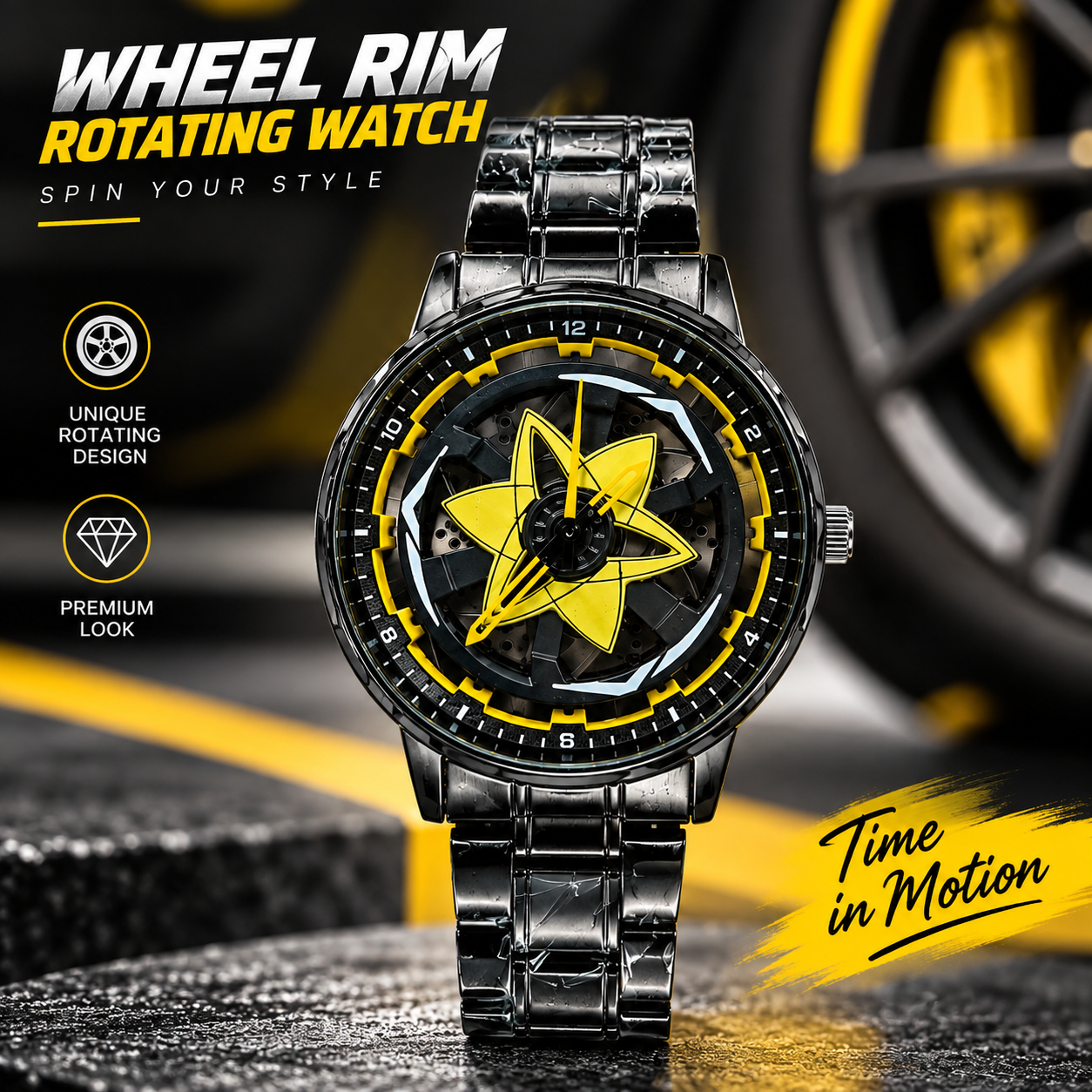 360° Rotating Car Wheel Rim Quartz Watch – Matte Black Metal Sports Wristwatch, 3D Alloy Rim & Brake Disc Dial, Stainless Steel Strap & Scratch-Resistant Glass for Men
