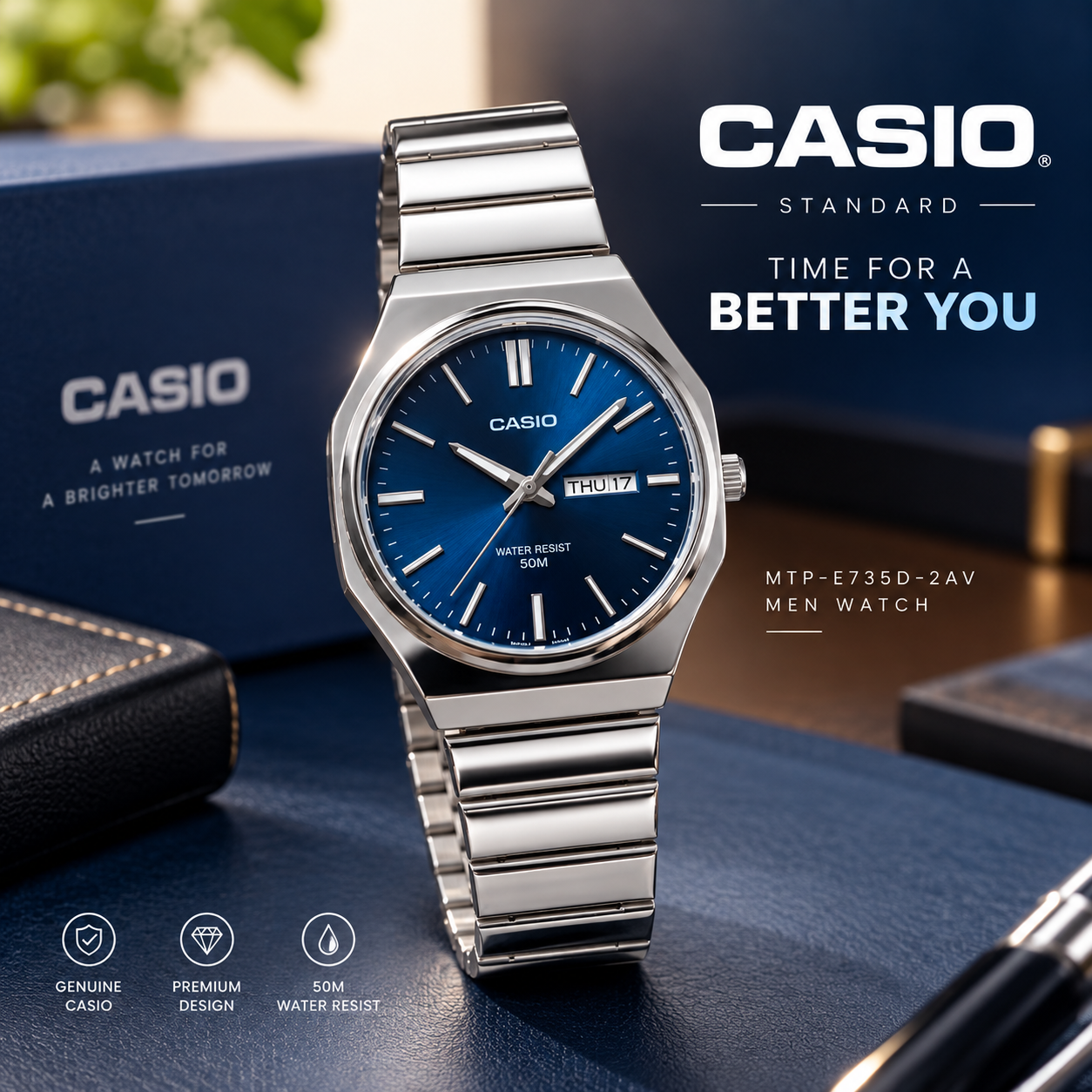 Casio Standard Blue Dial Men's Watch (MTP-E735D-2AV) – Quartz Analog Movement, 5 Bar Water Resistant, Stainless Steel Case & Matching Blue Stainless Steel Band with One-Touch 3-Fold Clasp