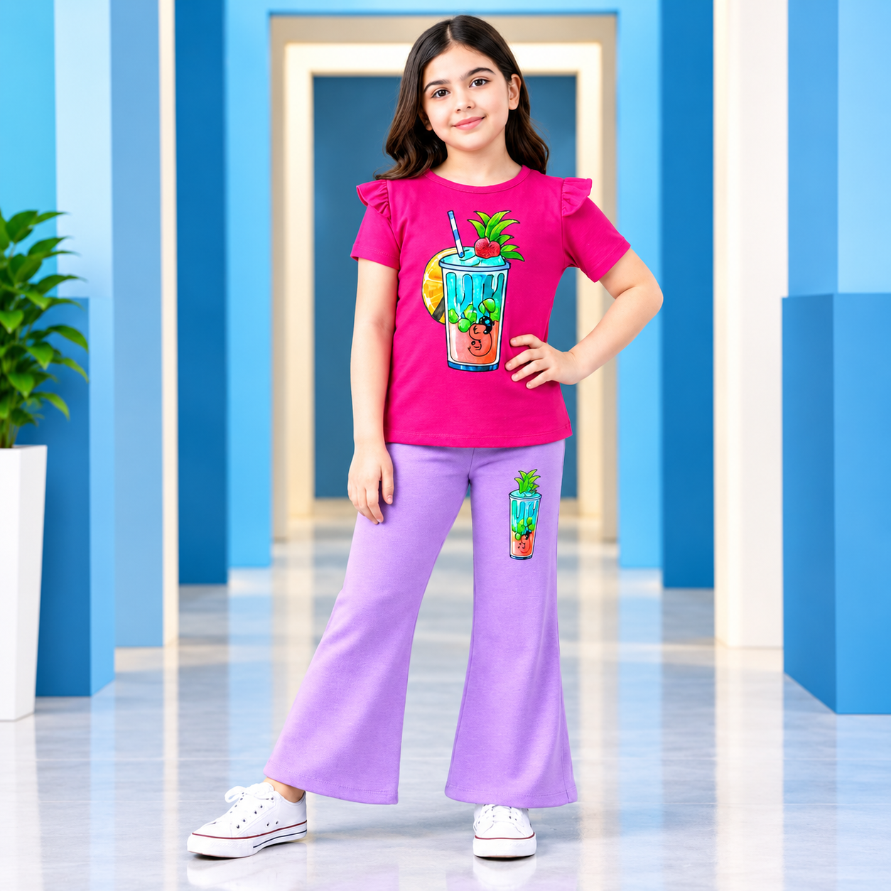 Cute Summer Tropical Drink Art Two-Piece Set with Purple Bell-Bottoms (Magenta Pink Flutter Sleeve Top & Lavender Pants Set)