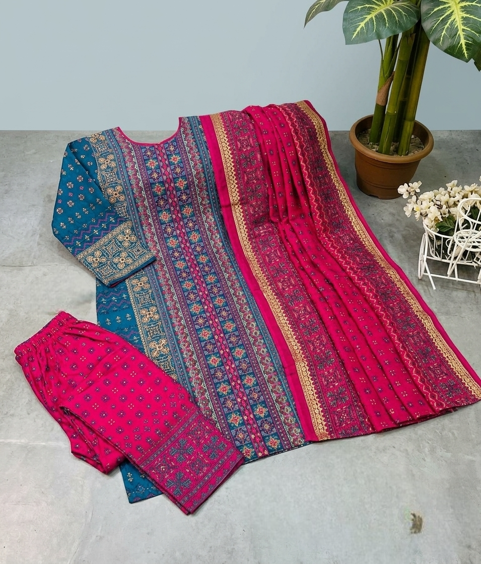 Premium Cotton Block and Digital Print Three-Piece Set