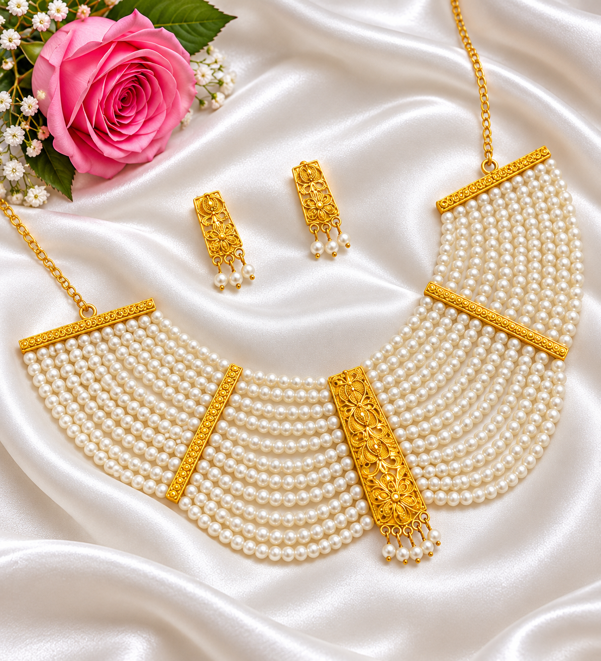 Royal Gold-Plated Multi-Strand Pearl Choker Set