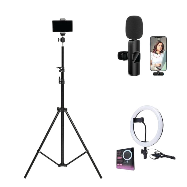 6 Ft Tripod Stand + 10″ Ring Light + K8 Wireless Microphone