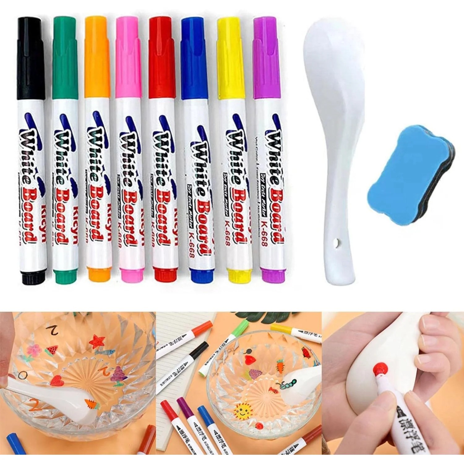 Colorful Magical Water Painting Whiteboard Markers – Magic Floating Ink Pens for Water Art & Ceramic Spoon Painting, Safe Non-Toxic Quick-Drying DIY Educational Art Toys for Kids