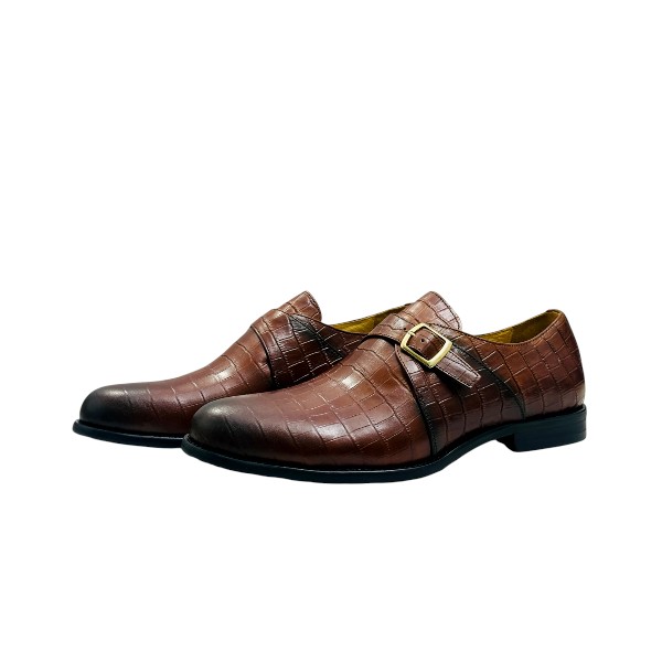 25021-Red Wine Formal Genuine Cow leather Single Monk Alligators with TPR Welted Sole Monk Strap For Men