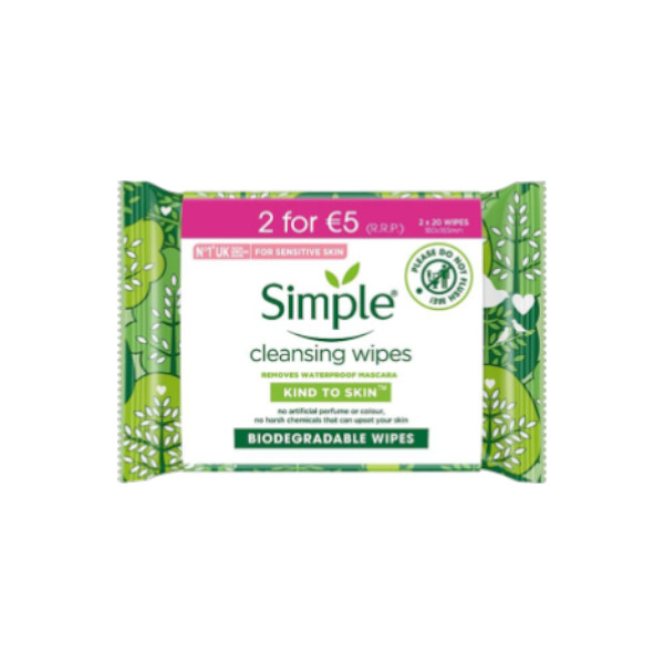Simple Biodegradable Cleansing Wipes Twin Pack 20 Wipes (UK)