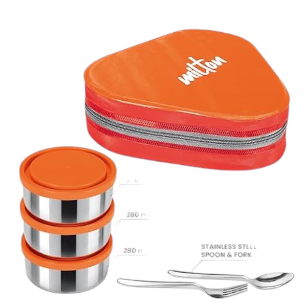 MILTON Triyum Stainless Steel Tiffin, 3 Container, 280 ml Each, with Jacket, Spoon & Fork, Orange | Lunch Box | Food Grade | Odour Proof | Light Weight | Hygienic