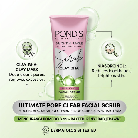 Pond's Bright Ultimate Miracle Pore Clear Clay Bha Facial Scrub 100g (Indonesia)