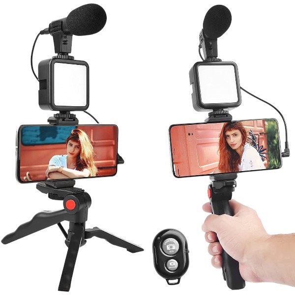 Video -Making Tripod Kit For Live Broadcast 3 In 1 With Microphone, Led Light, Mini Stand & Remote Control, Vloging Kit