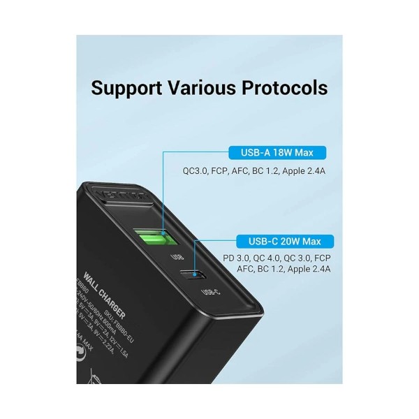 Vention FBBB0-EU 2-Port USB & Type-C (18W + 20W) Black Charger