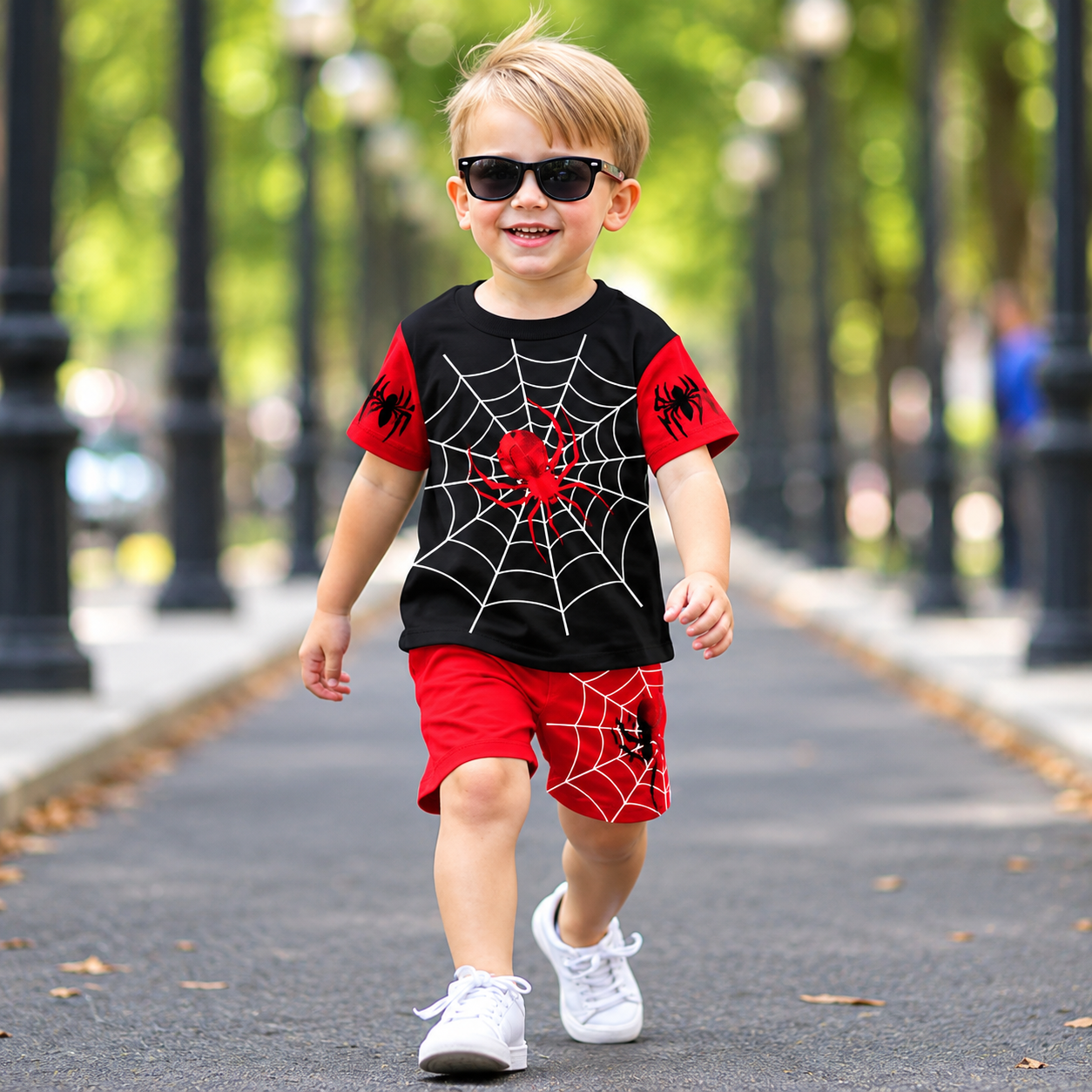 Spider-Web with Red Accent Boys Summer Two-Piece Set (Black & Red T-Shirt with Shorts S