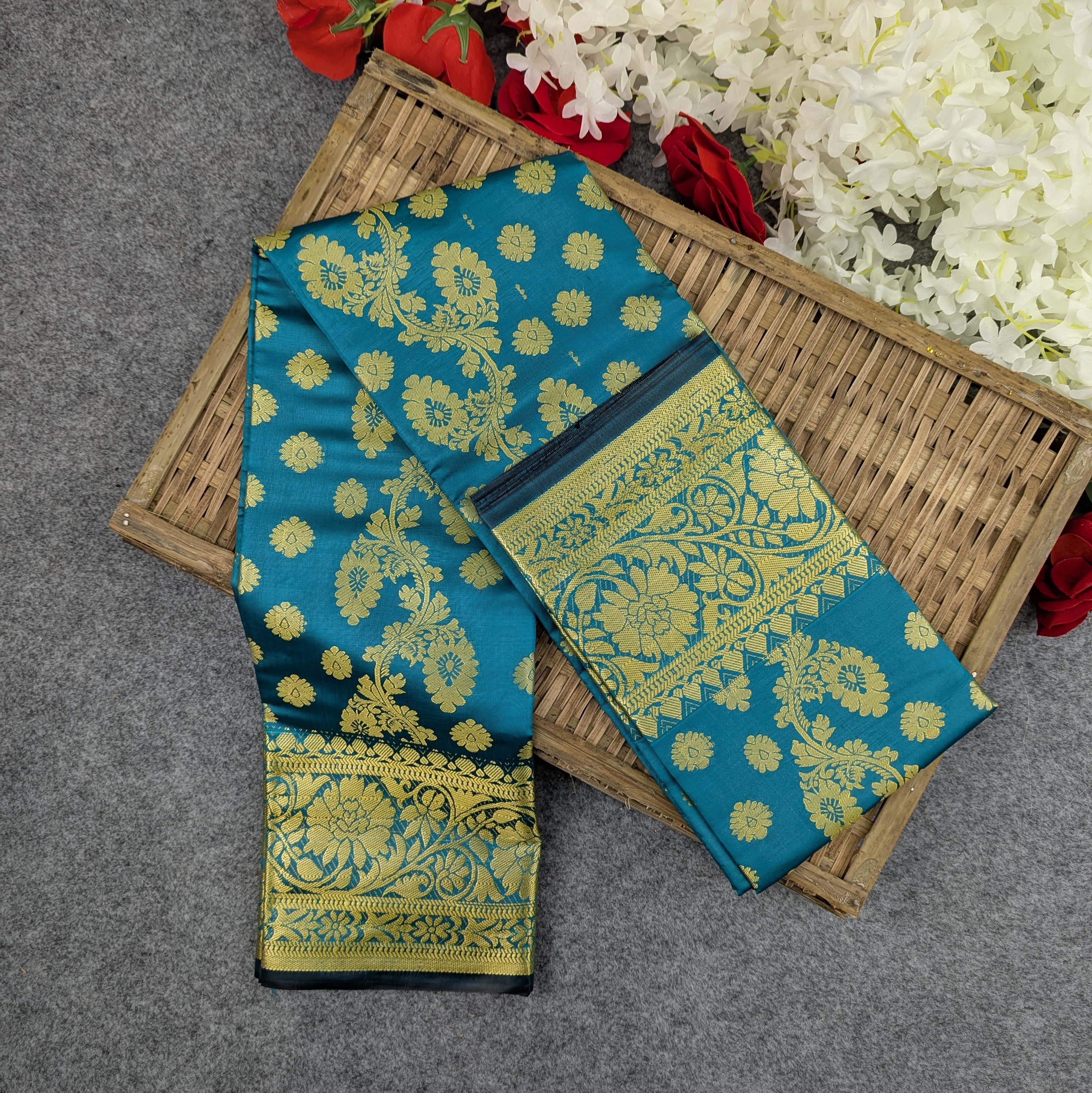 Premium Silk Katan Saree Combo Set - Ocean Green