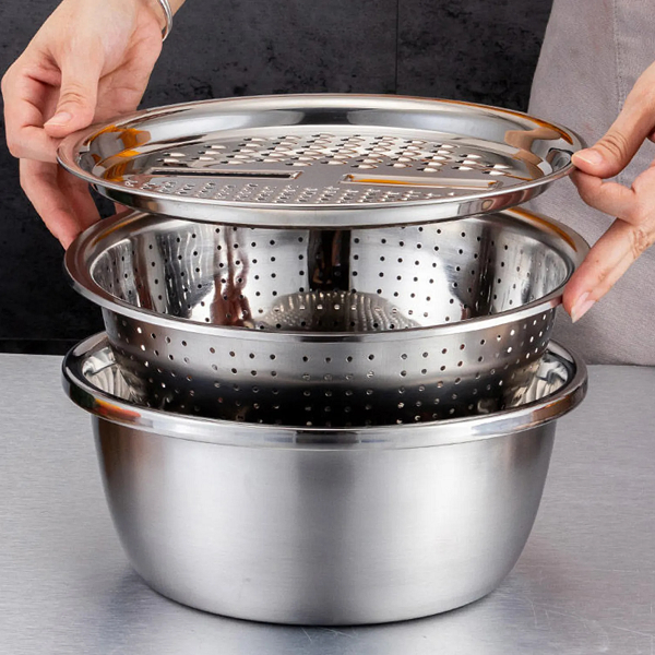 3-in-1 Stainless Steel Vegetable Cutter with Drain Basket Easy Food Prep for Southeast Asian Buyers Grater Basin for Fruits Vegetables