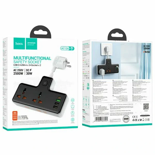Hoco AC12A 30W 1C3A Power Strip (2500W)-Black Color