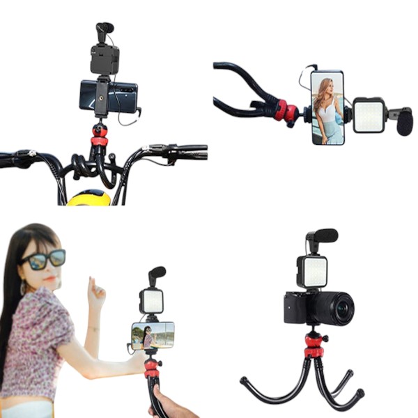 Video -Making Tripod Kit For Live Broadcast 3 In 1 With Microphone, Led Light, Mini Stand & Remote Control, Vloging Kit