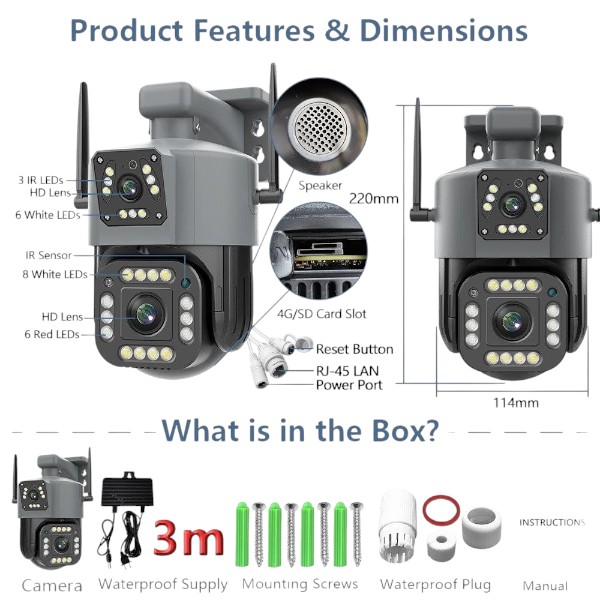 Speed-X IP Camera Wifi Wireless 2mp + 2mp HD Dual Lens PTZ + Still CCTV Surveillance Outdoor Wifi Camera