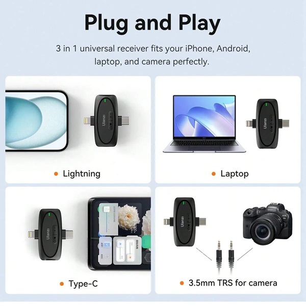 Ulanzi V6 3-in-1 Wireless Lavalier Microphone for iPhone, Android, Tablet & Camera