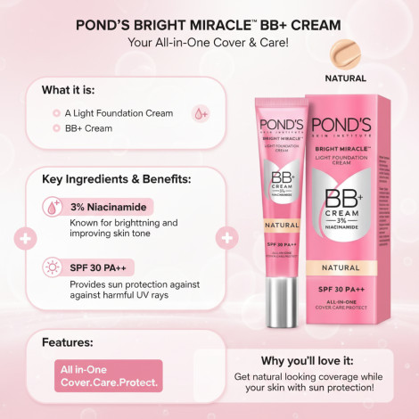 Ponds Natural SPF30 PA++ All In One 3% Niacinamide  BB+ Cream 18g (India)