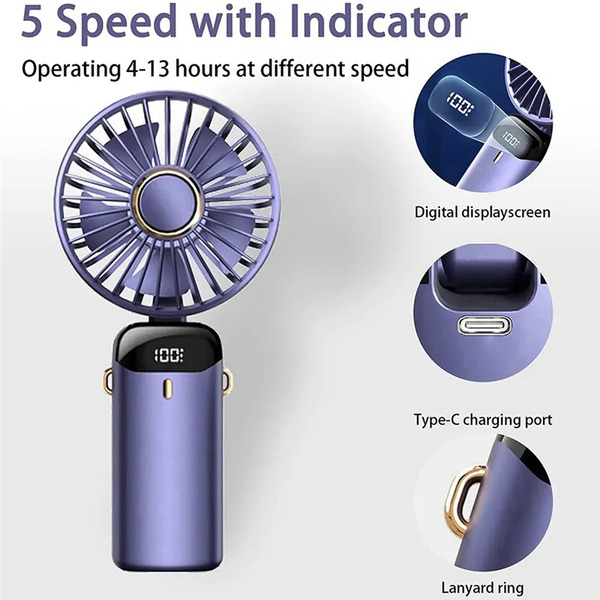 Portable Personal Fan – 5000mAh Rechargeable Battery, 5 Speed Settings with LED Display, 90° Adjustable