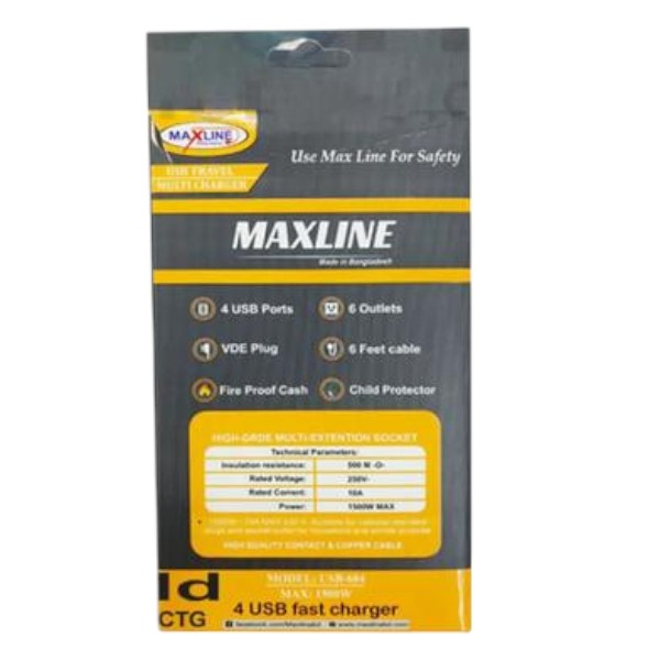 Maxline ML-604 4 USB Ports 2 Sockets Travel Multi Charger And Extension Socket With 6 Feet Cable