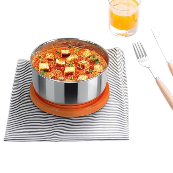 MILTON Triyum Stainless Steel Tiffin, 3 Container, 280 ml Each, with Jacket, Spoon & Fork, Orange | Lunch Box | Food Grade | Odour Proof | Light Weight | Hygienic